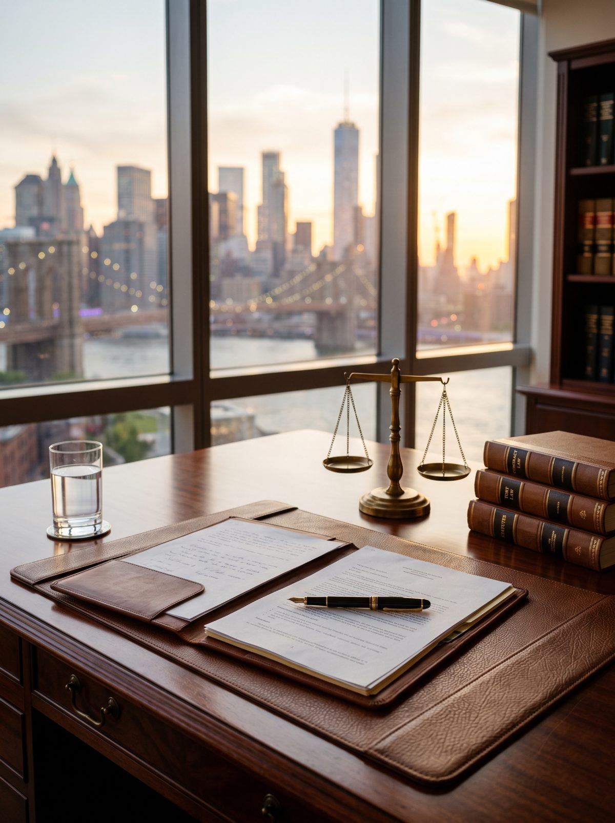 A law office desk with legal documents, a scale of justice, and the New York skyline in the background
